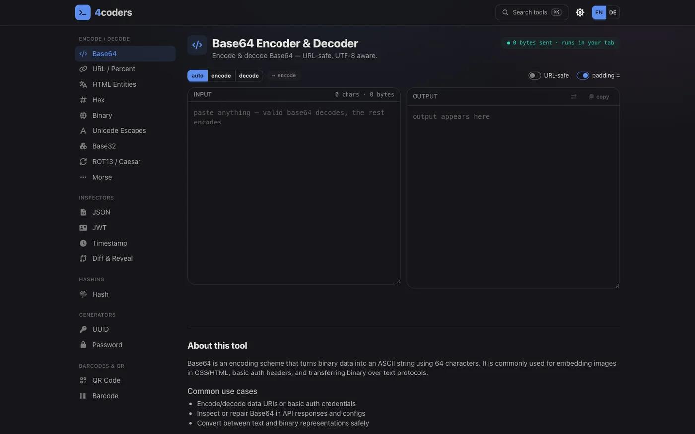 4coders Base64 tool — encode and decode entirely in the browser