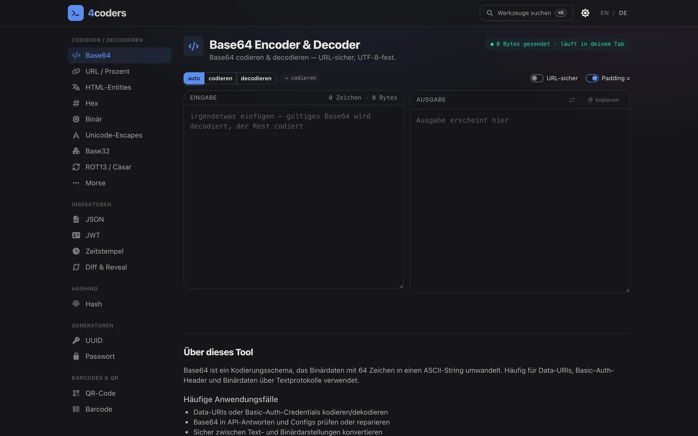 Base64-Werkzeug von 4coders auf Deutsch — Werkzeugleiste links mit hervorgehobenem Base64, die Modus-Chips auto / codieren / dekodieren, die Schalter „URL-sicher" und „Padding", leere Felder EINGABE und AUSGABE und darunter der Abschnitt „Über dieses Tool"