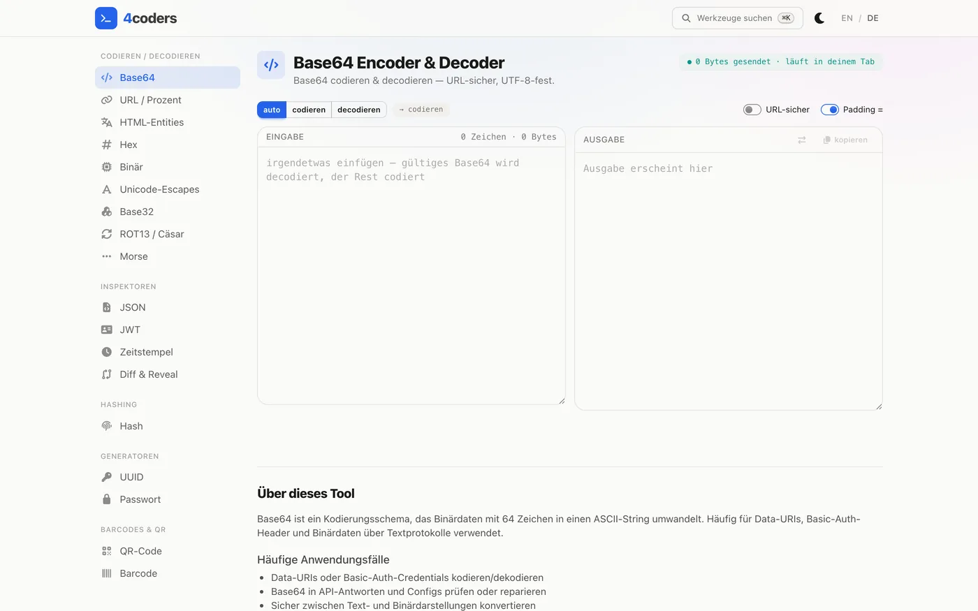 Base64-Werkzeug von 4coders auf Deutsch — Werkzeugleiste links mit hervorgehobenem Base64, die Modus-Chips auto / codieren / dekodieren, die Schalter „URL-sicher" und „Padding", leere Felder EINGABE und AUSGABE und darunter der Abschnitt „Über dieses Tool"