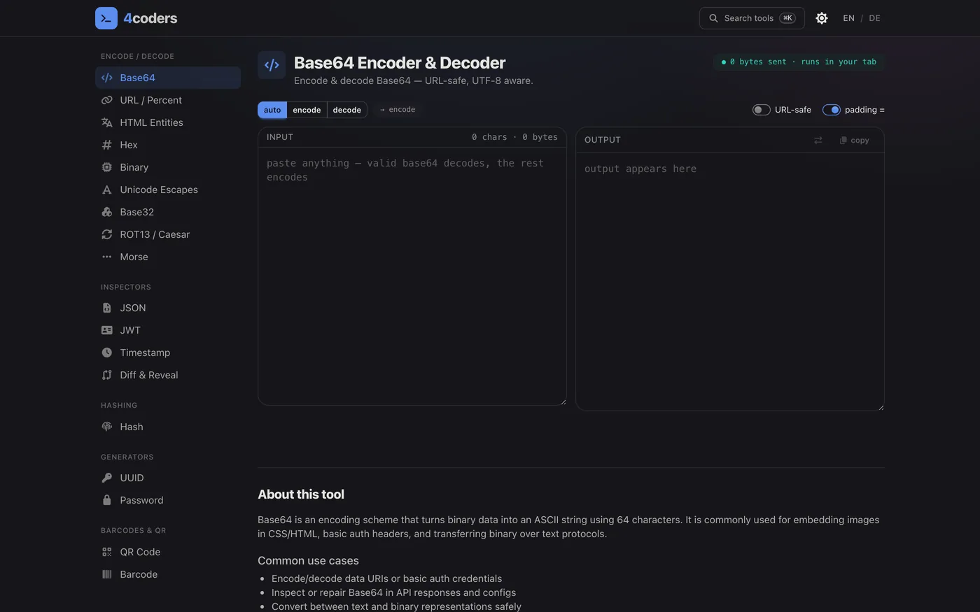 4coders Base64 tool in English — tool rail on the left with Base64 highlighted, the mode chips auto / encode / decode, the URL-safe and padding switches, empty INPUT and OUTPUT panes and the “About this tool” section below