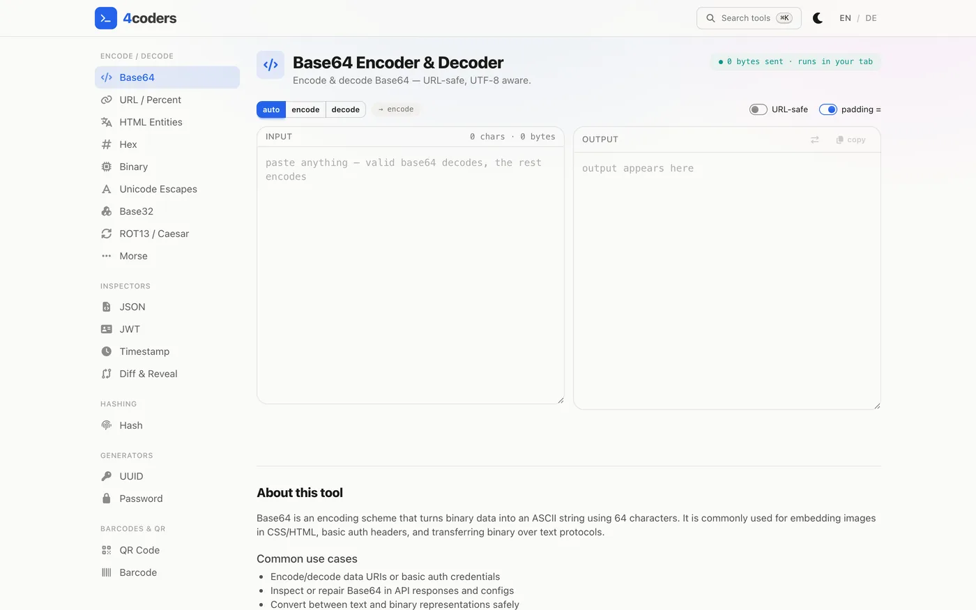 4coders Base64 tool in English — tool rail on the left with Base64 highlighted, the mode chips auto / encode / decode, the URL-safe and padding switches, empty INPUT and OUTPUT panes and the “About this tool” section below