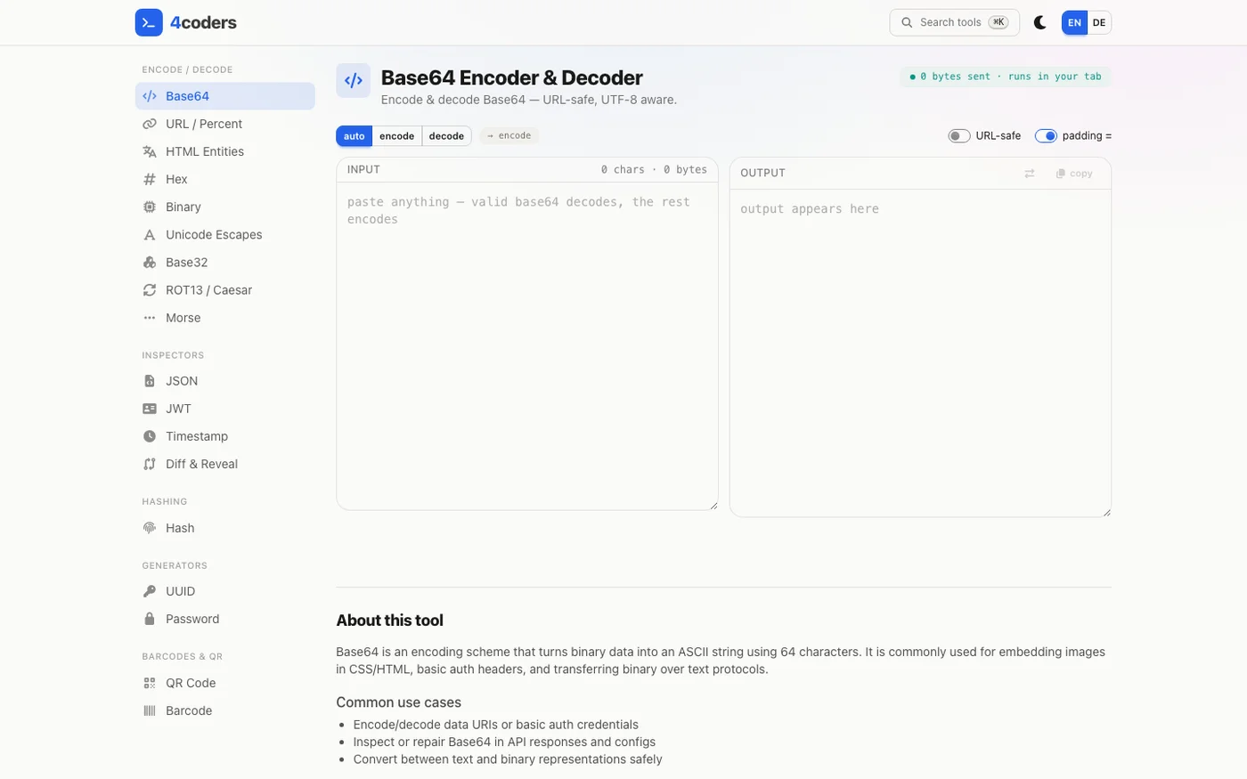 4coders Base64 tool — encode and decode entirely in the browser