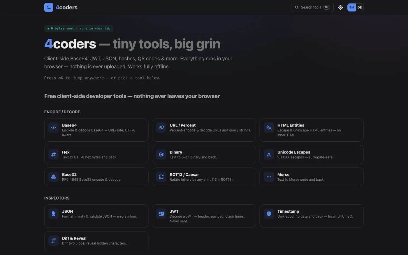 4coders homepage — free client-side developer tools