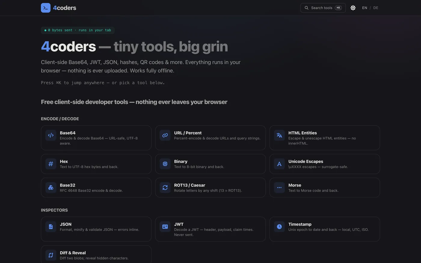 4coders home page in English — search field with ⌘K hint, the headline “tiny tools, big grin”, the pill “0 bytes sent · runs in your tab” and the card grid of the Encode / Decode category