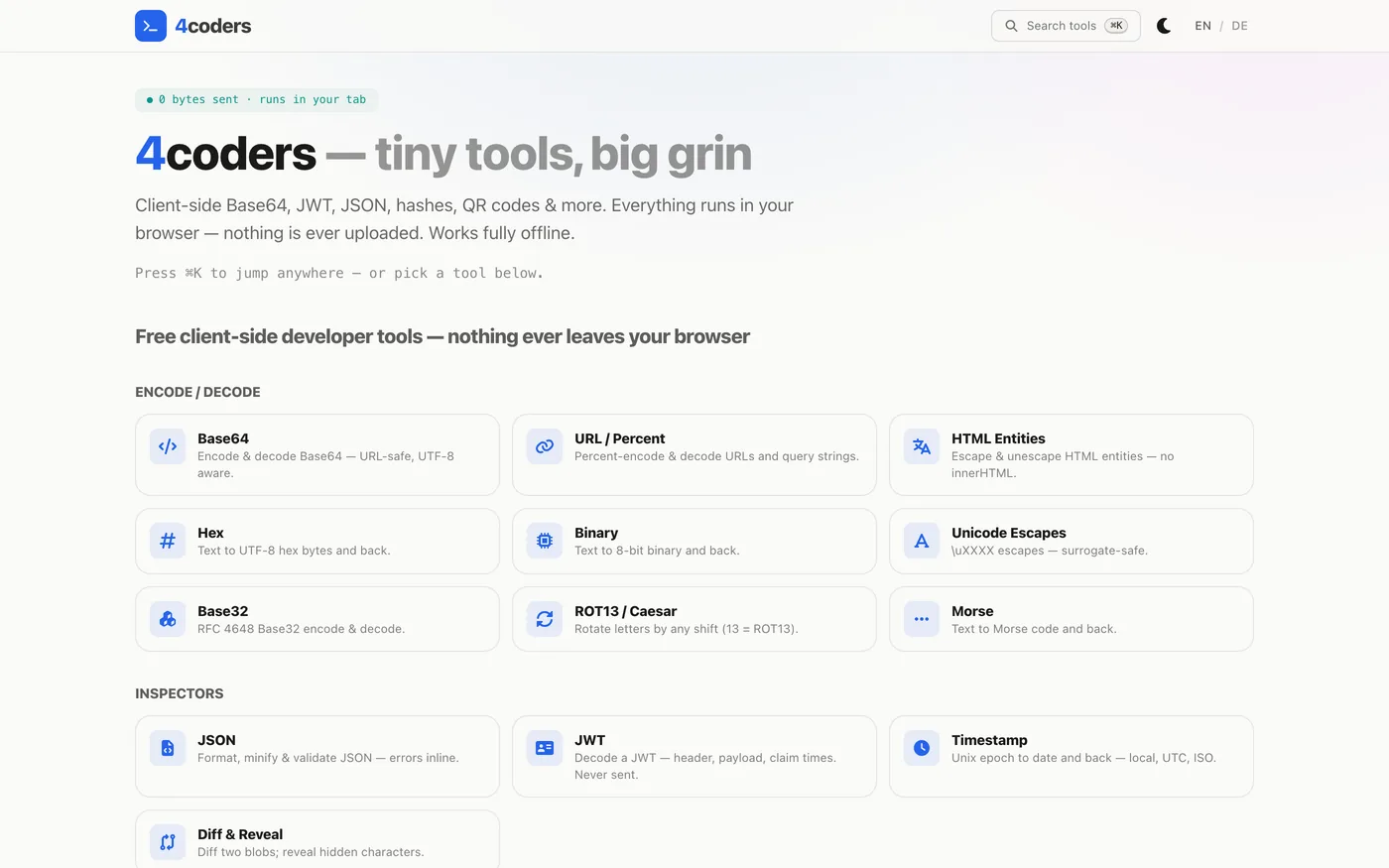 4coders home page in English — search field with ⌘K hint, the headline “tiny tools, big grin”, the pill “0 bytes sent · runs in your tab” and the card grid of the Encode / Decode category