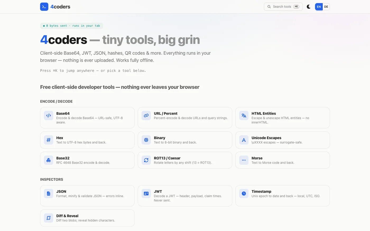 4coders homepage — free client-side developer tools