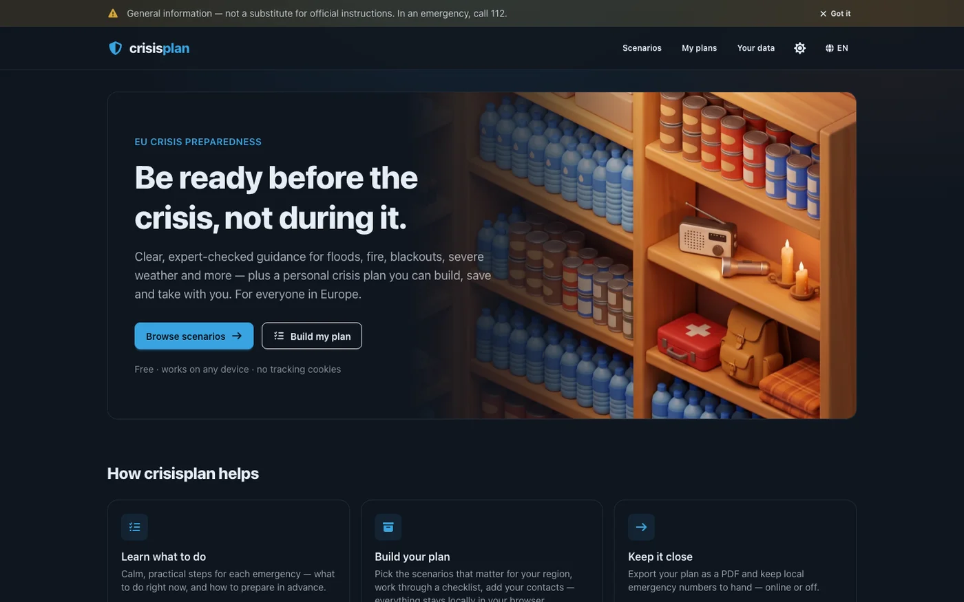 crisisplan homepage — EU crisis preparedness web app