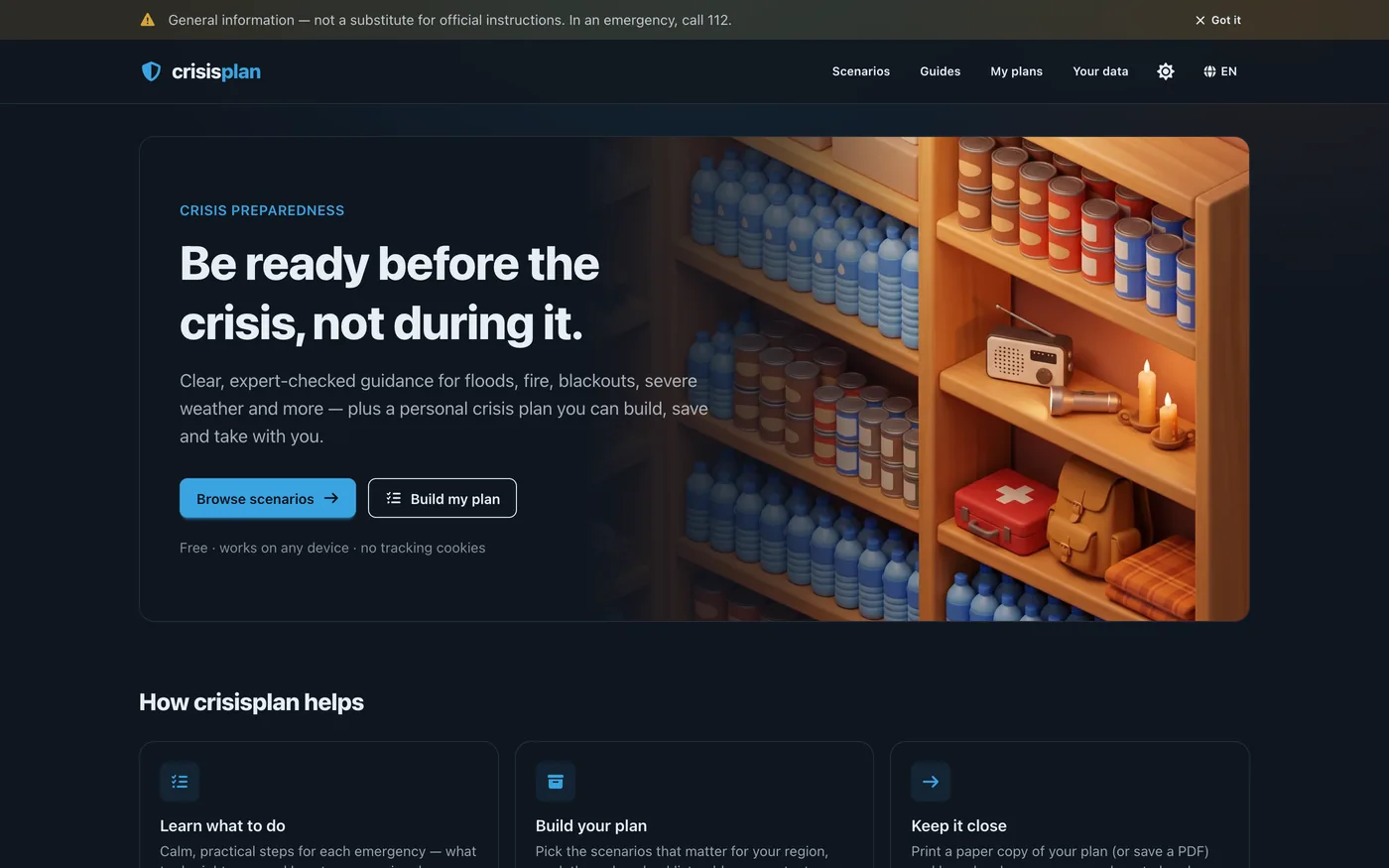 crisisplan homepage — a notice at the top to call 112 in an emergency, below it the headline "Be ready before the crisis, not during it." with the buttons "Browse scenarios" and "Build my plan", and beside them an illustration of a supply shelf with water, tinned food, a radio, a first-aid case and a packed backpack