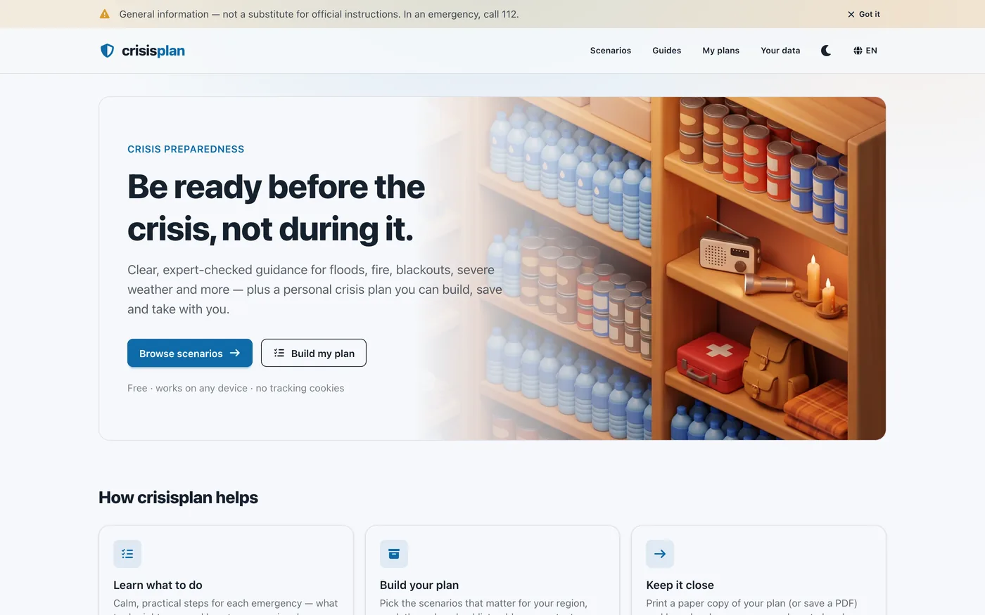 crisisplan homepage — a notice at the top to call 112 in an emergency, below it the headline "Be ready before the crisis, not during it." with the buttons "Browse scenarios" and "Build my plan", and beside them an illustration of a supply shelf with water, tinned food, a radio, a first-aid case and a packed backpack