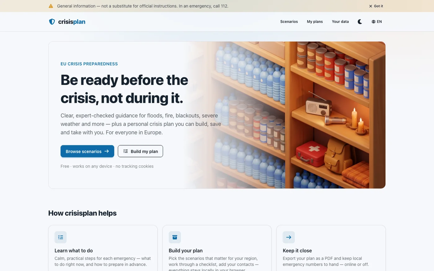 crisisplan homepage — EU crisis preparedness web app