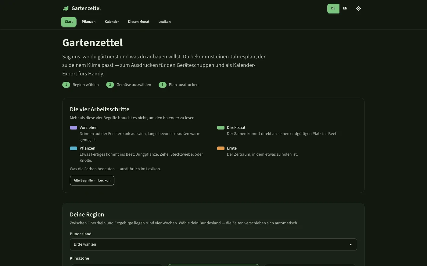 Gartenzettel homepage — regional sowing and harvest calendar