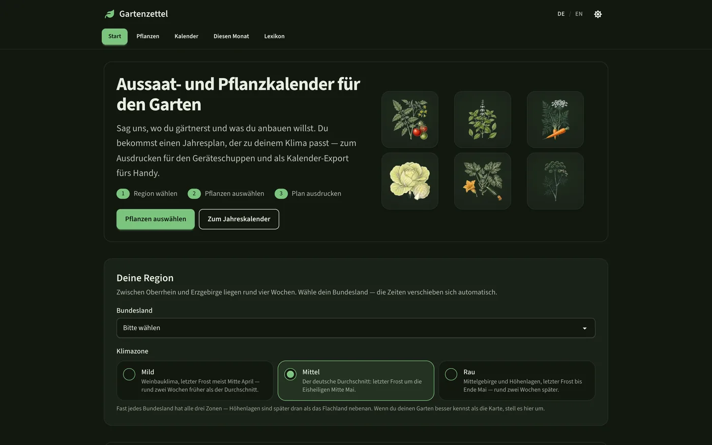 Startseite von Gartenzettel: Kopfleiste mit den Reitern Start, Pflanzen, Kalender, Diesen Monat und Lexikon, daneben die Überschrift „Aussaat- und Pflanzkalender für den Garten“ mit drei nummerierten Schritten und einem Raster aus sechs botanischen Pflanzenzeichnungen. Darunter die Karte „Deine Region“ mit der Bundesland-Auswahl und den Klimazonen Mild, Mittel und Rau.