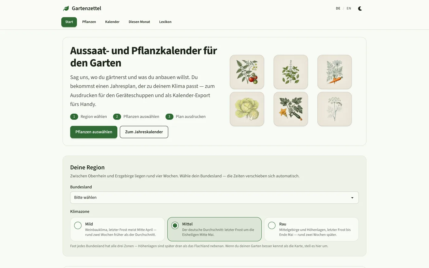 Startseite von Gartenzettel: Kopfleiste mit den Reitern Start, Pflanzen, Kalender, Diesen Monat und Lexikon, daneben die Überschrift „Aussaat- und Pflanzkalender für den Garten“ mit drei nummerierten Schritten und einem Raster aus sechs botanischen Pflanzenzeichnungen. Darunter die Karte „Deine Region“ mit der Bundesland-Auswahl und den Klimazonen Mild, Mittel und Rau.