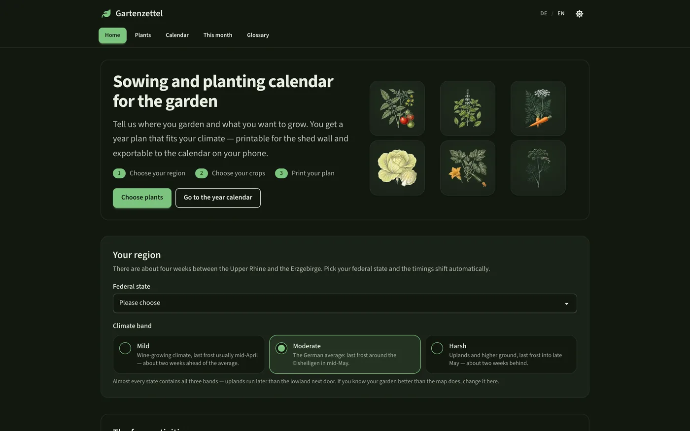 Gartenzettel homepage: header with the tabs Home, Plants, Calendar, This month and Glossary, next to it the heading “Sowing and planting calendar for the garden” with three numbered steps and a grid of six botanical plant drawings. Below it the “Your region” card with a federal state picker and the climate bands Mild, Moderate and Harsh.