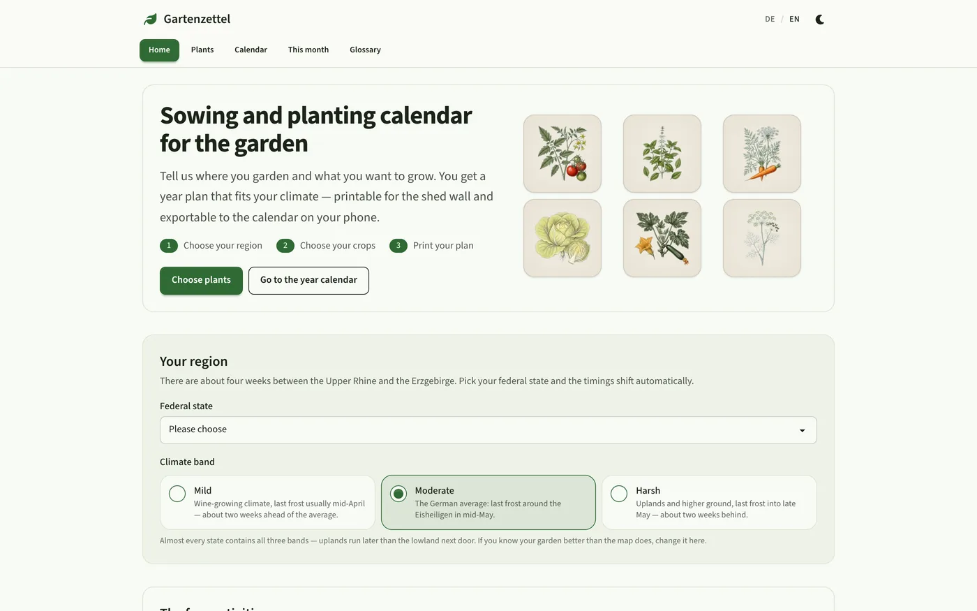 Gartenzettel homepage: header with the tabs Home, Plants, Calendar, This month and Glossary, next to it the heading “Sowing and planting calendar for the garden” with three numbered steps and a grid of six botanical plant drawings. Below it the “Your region” card with a federal state picker and the climate bands Mild, Moderate and Harsh.