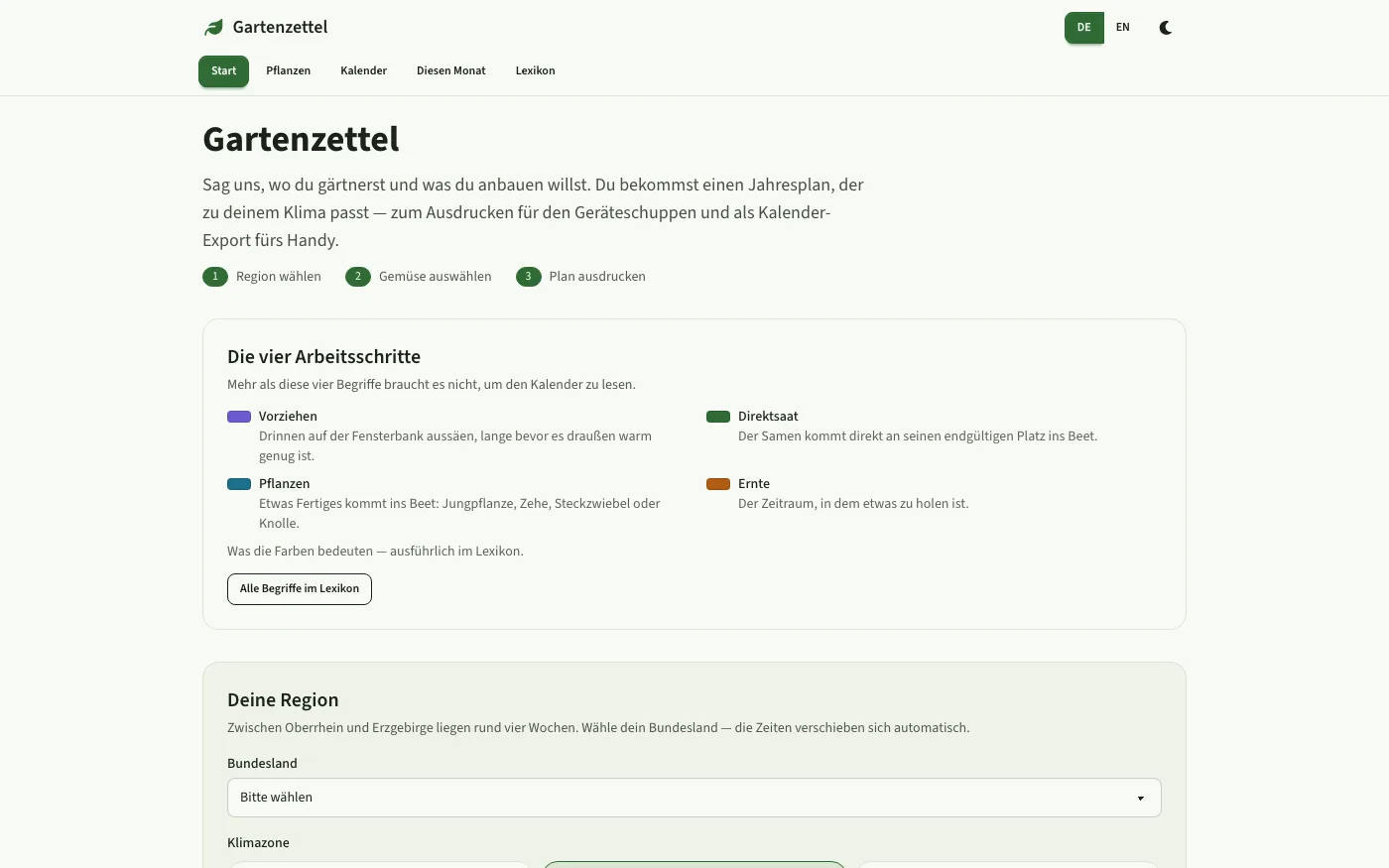 Gartenzettel homepage — regional sowing and harvest calendar