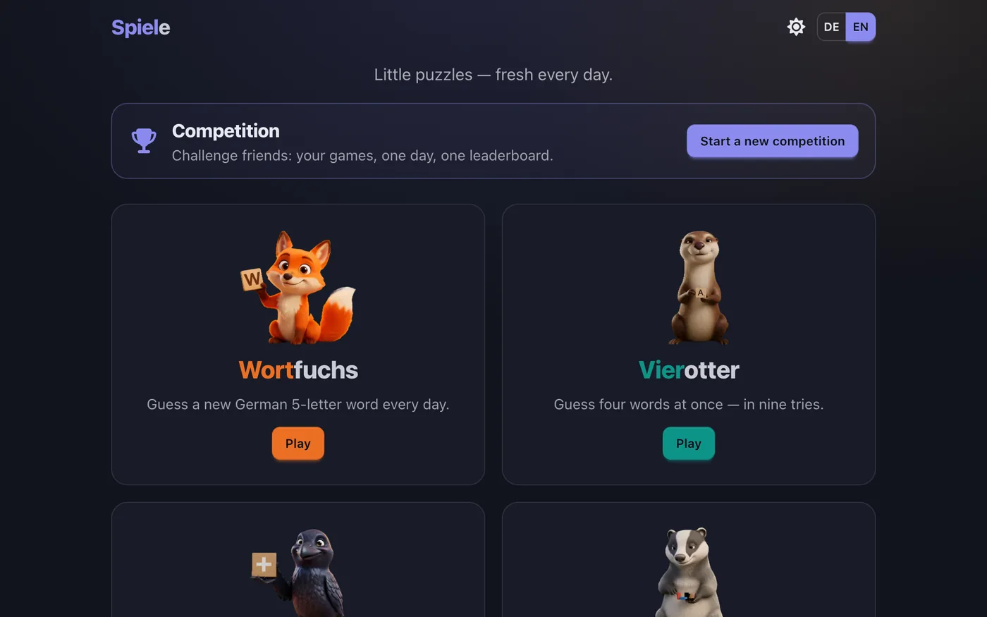 Spiele-Hub — 19 tägliche deutsche Rätselspiele mit animierten Maskottchen