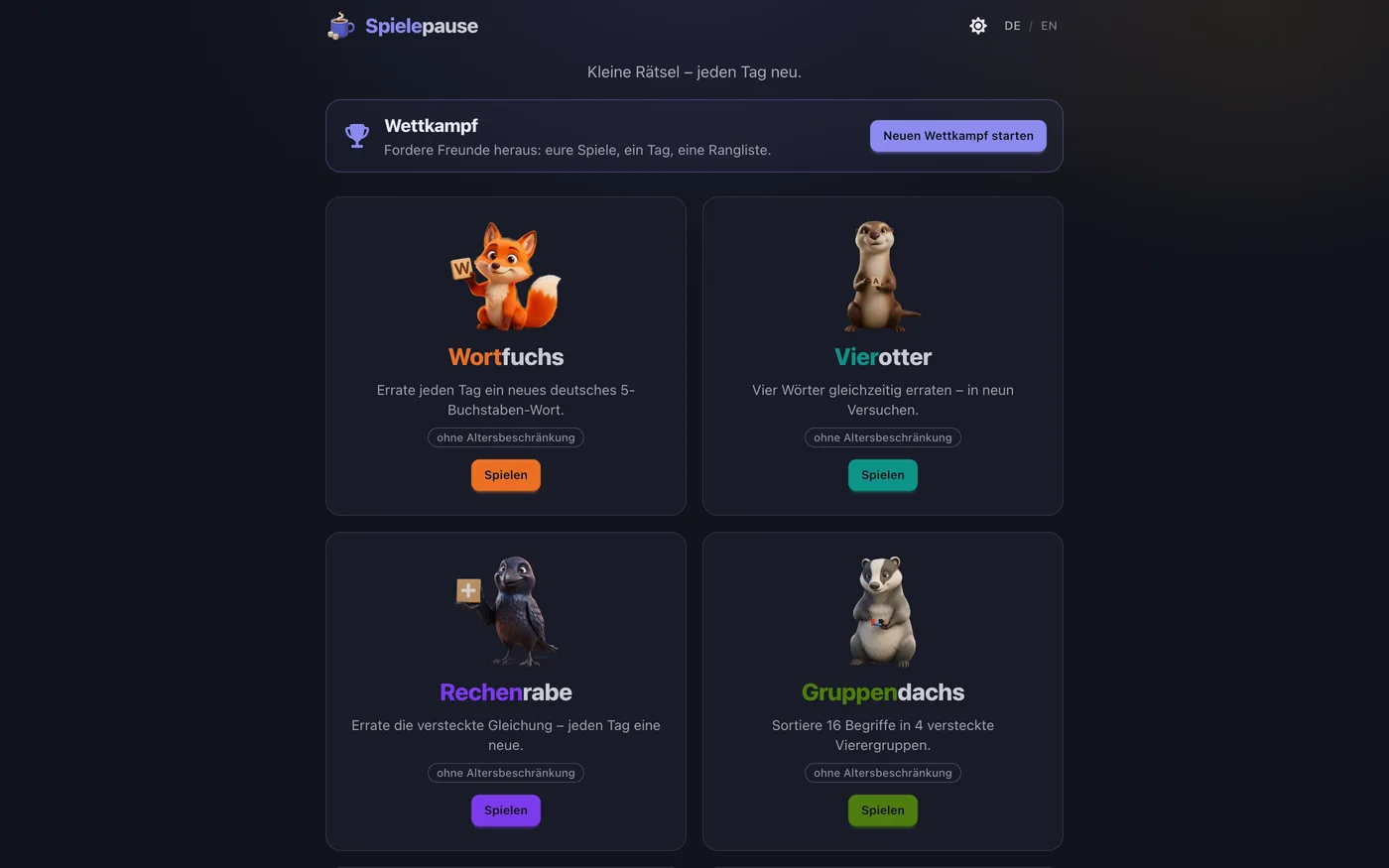 Startseite von Spielepause auf Deutsch — Wettkampf-Banner über dem zweispaltigen Kachelraster der Tagesspiele mit Maskottchen und Spielen-Knopf