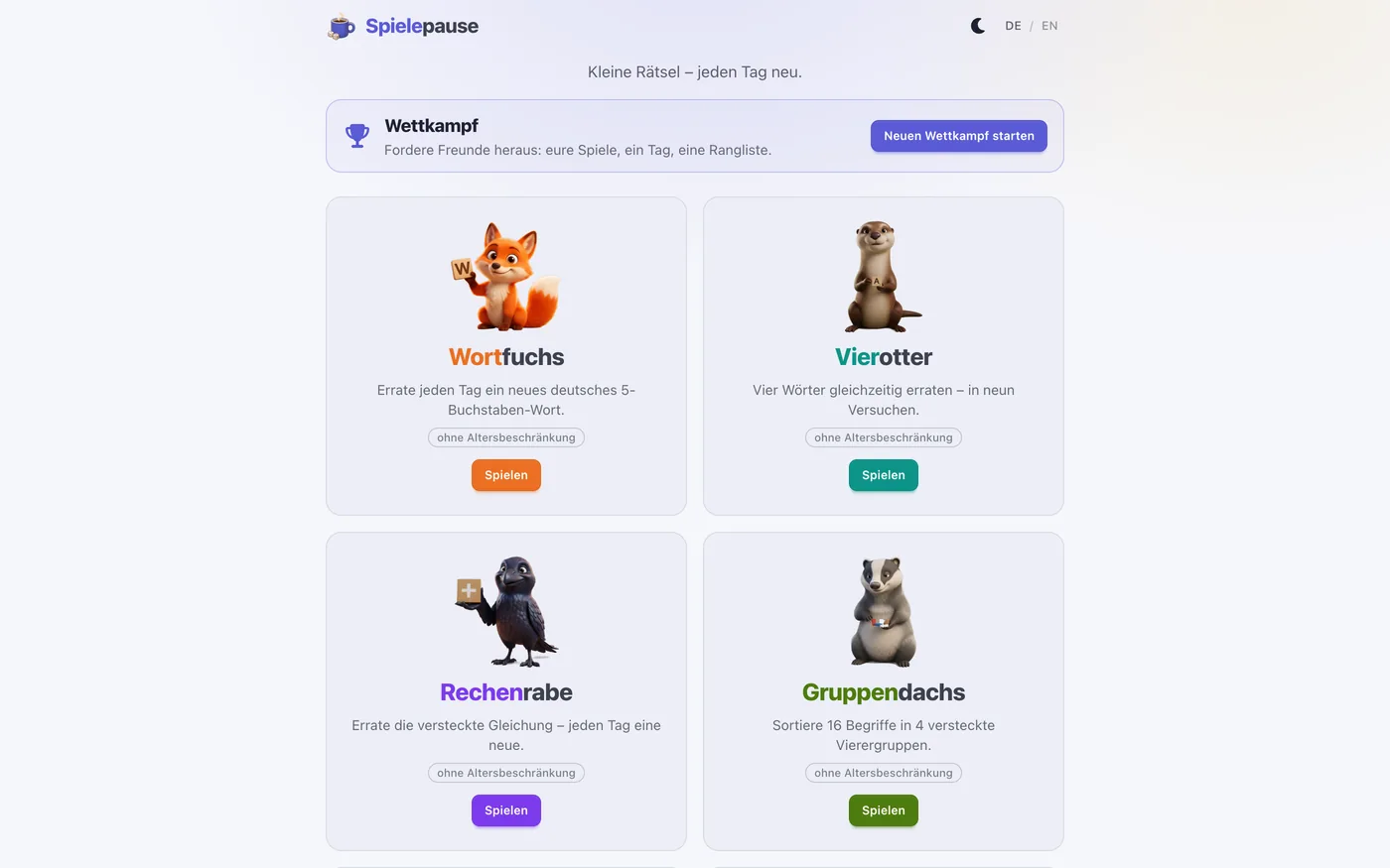 Startseite von Spielepause auf Deutsch — Wettkampf-Banner über dem zweispaltigen Kachelraster der Tagesspiele mit Maskottchen und Spielen-Knopf