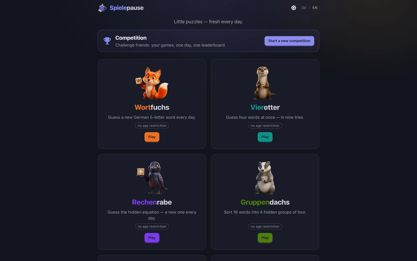 Spiele home page in English — a Competition banner above the two-column grid of daily game cards with their mascots and Play buttons