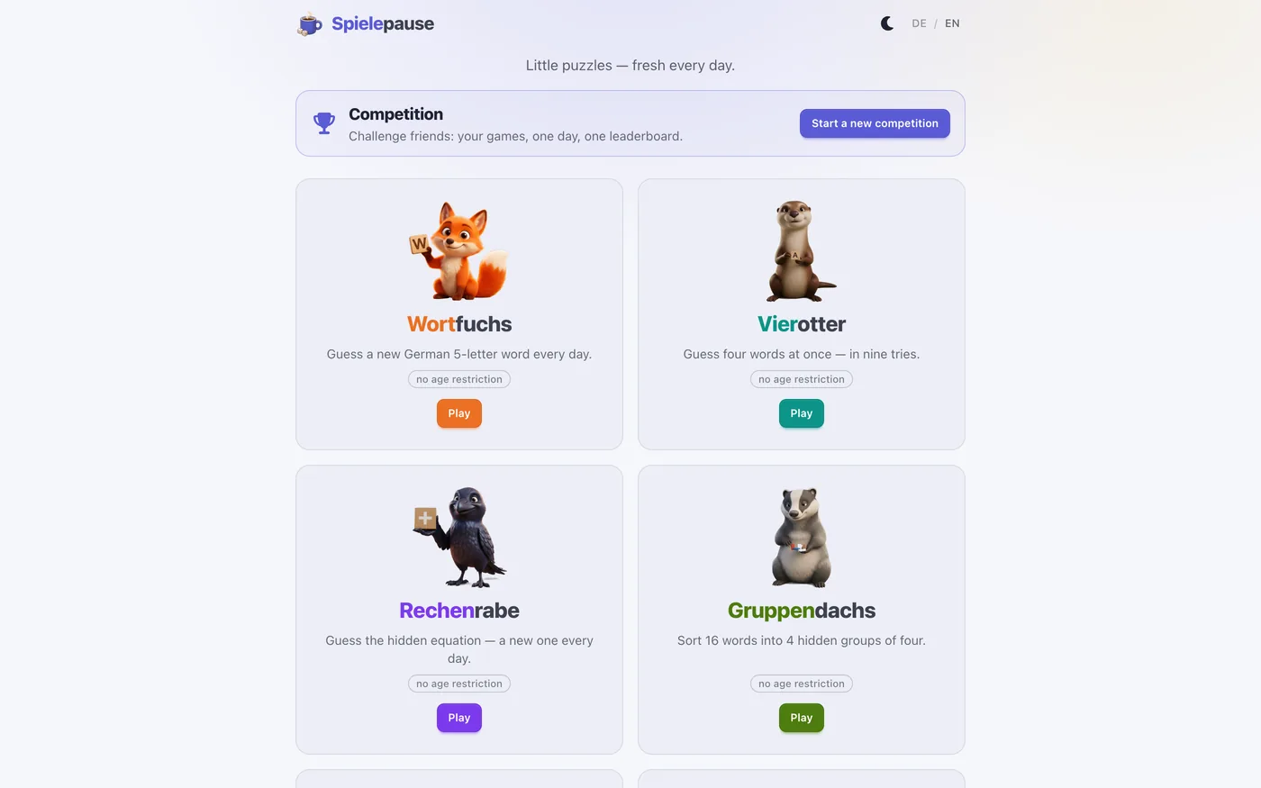 Spiele home page in English — a Competition banner above the two-column grid of daily game cards with their mascots and Play buttons