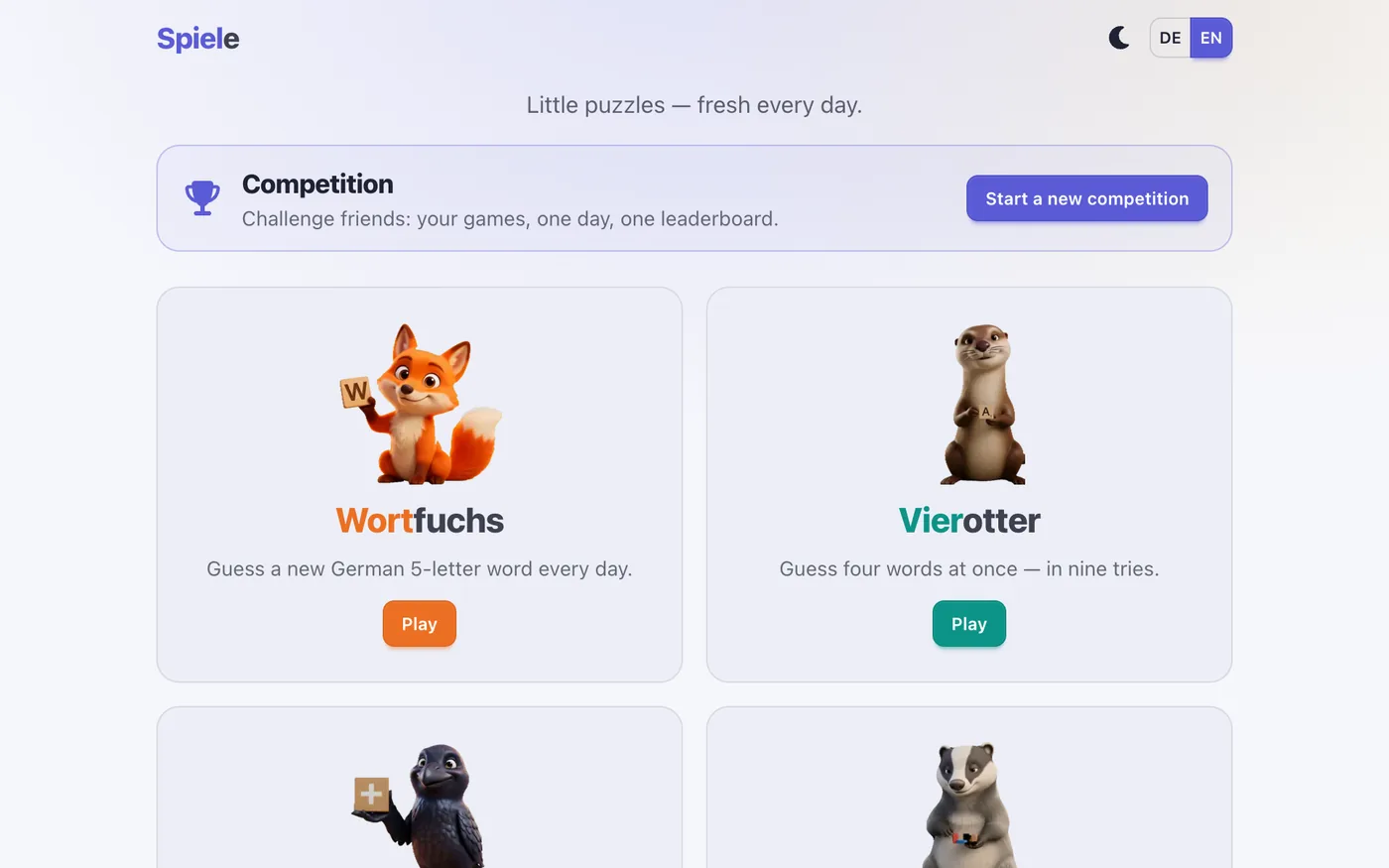 Spiele-Hub — 19 tägliche deutsche Rätselspiele mit animierten Maskottchen