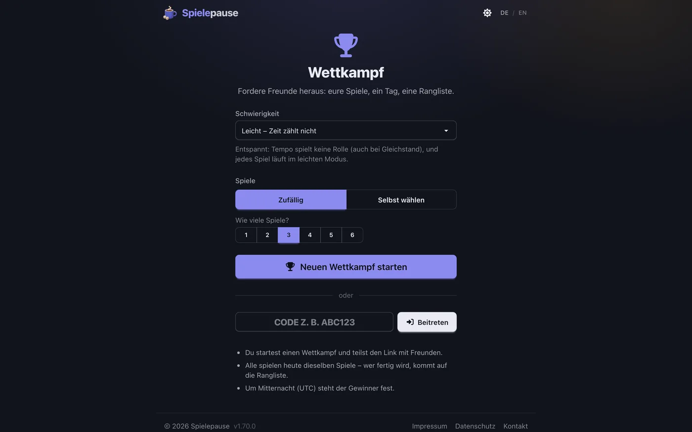 Wettkampf-Einstieg auf Deutsch — Schwierigkeitswahl, Umschaltung zwischen zufälligen und selbst gewählten Spielen, Anzahl 1 bis 6 und Codefeld zum Beitreten