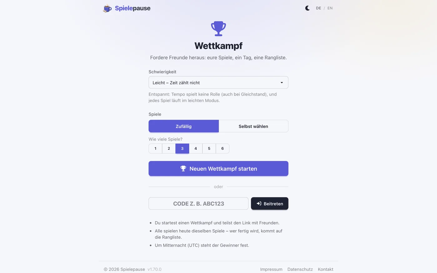 Wettkampf-Einstieg auf Deutsch — Schwierigkeitswahl, Umschaltung zwischen zufälligen und selbst gewählten Spielen, Anzahl 1 bis 6 und Codefeld zum Beitreten