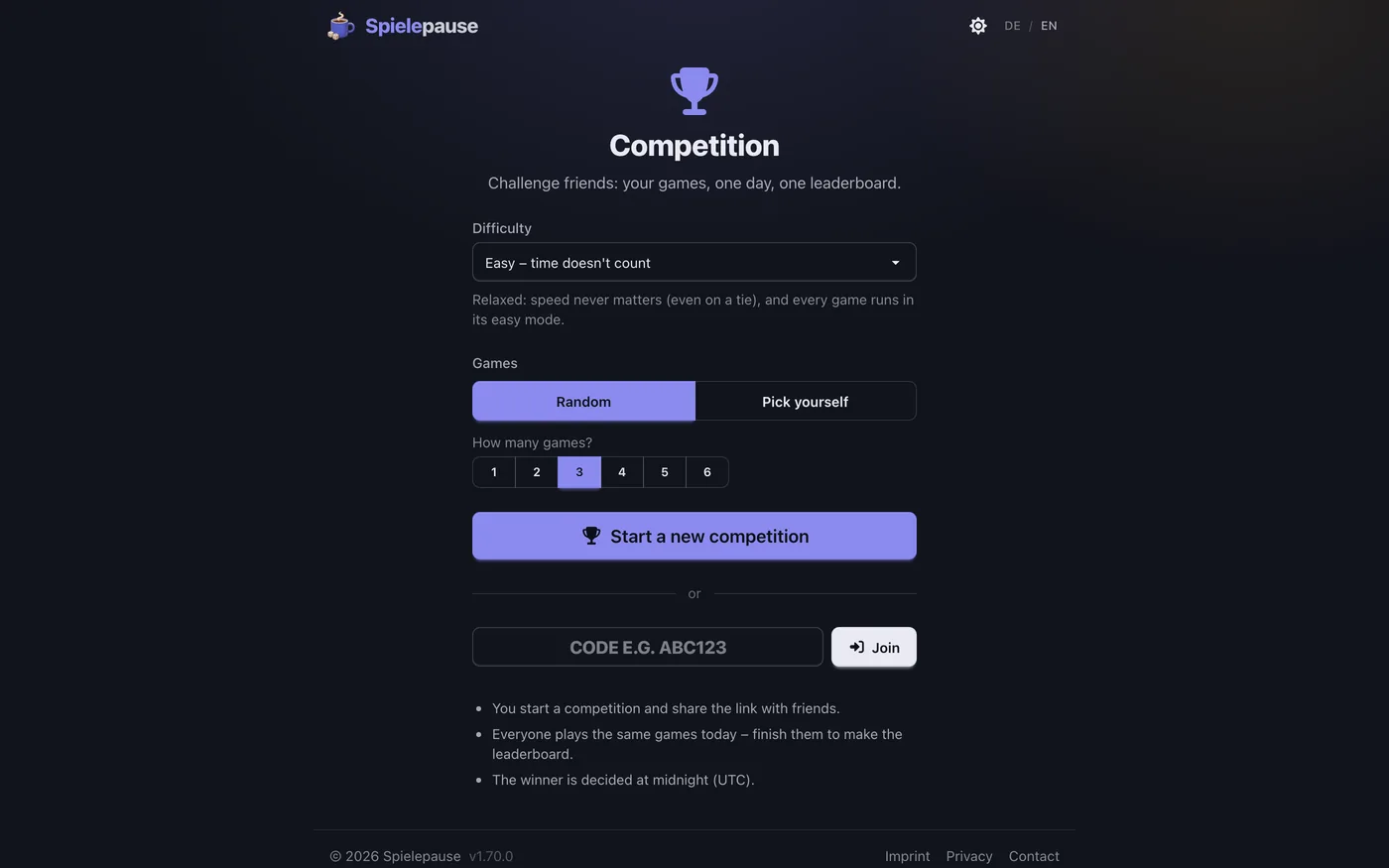 Competition start screen in English — difficulty picker, a toggle between random and hand-picked games, a count from 1 to 6 and a code field to join