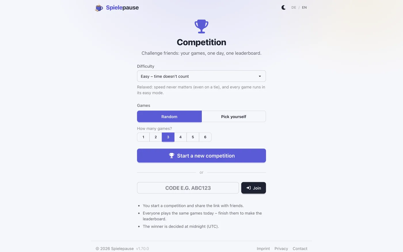 Competition start screen in English — difficulty picker, a toggle between random and hand-picked games, a count from 1 to 6 and a code field to join