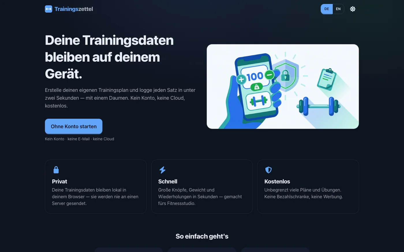 Trainingszettel Startseite — datenschutzfreundlicher Trainingsplaner
