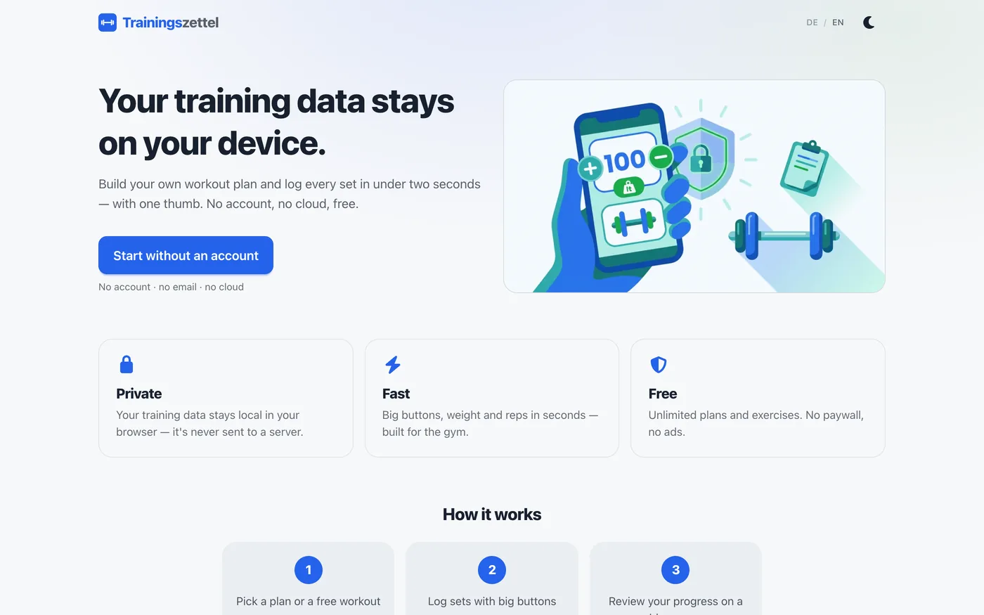 Trainingszettel landing page — the headline “Your training data stays on your device.” with a “Start without an account” button and the cards Private, Fast, Free.