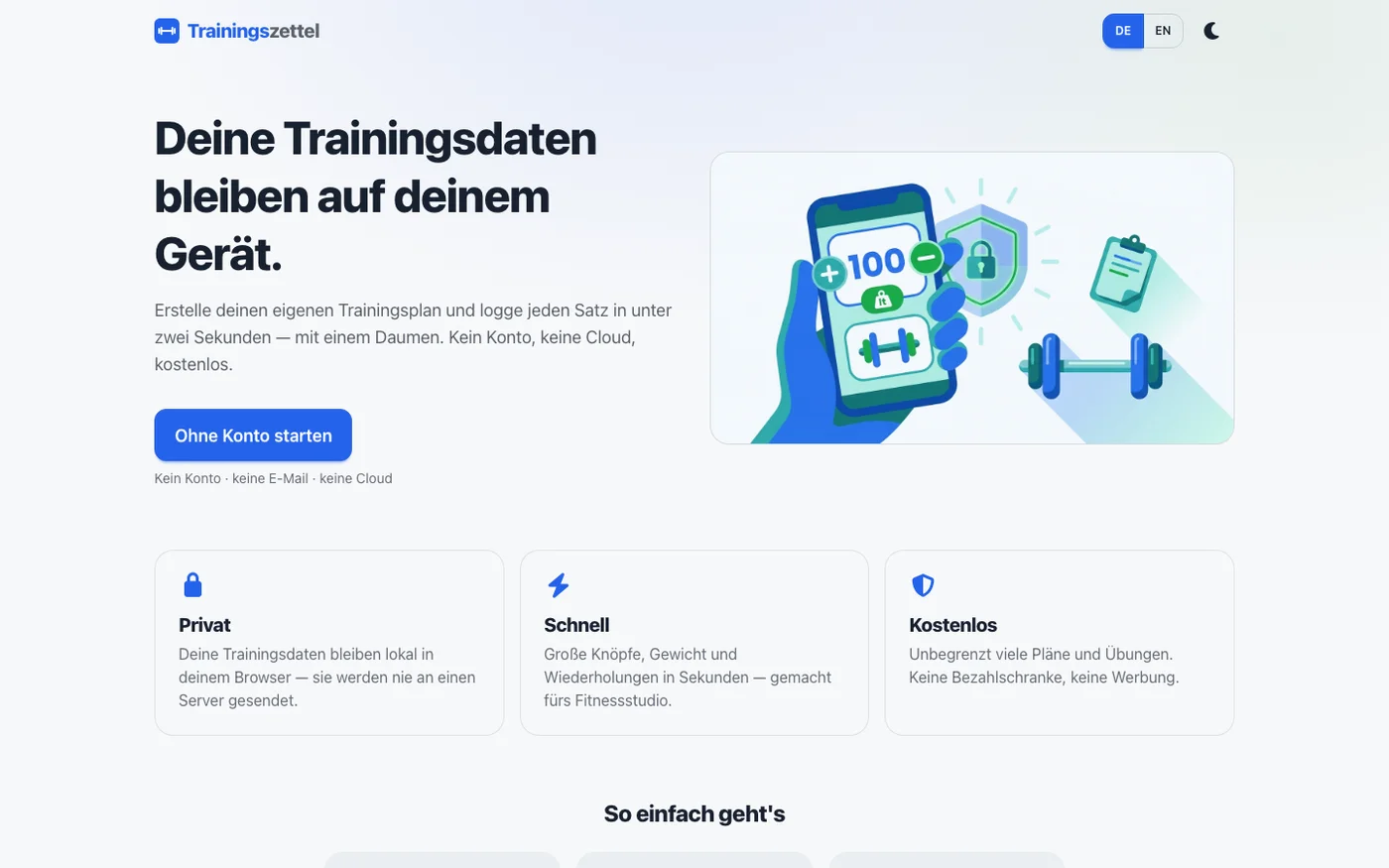 Trainingszettel landing page — privacy-first gym training planner