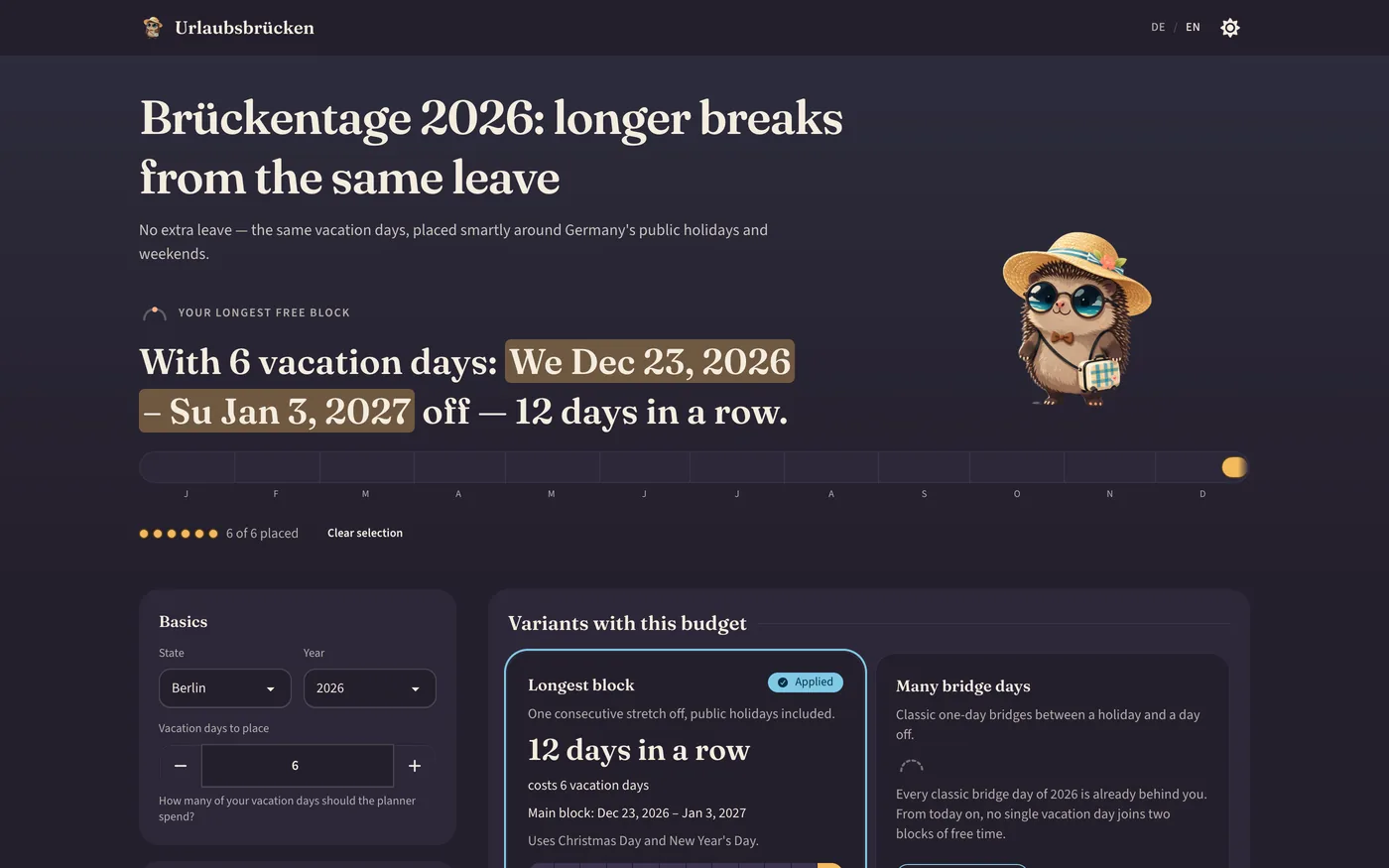 Urlaubsbrücken homepage: the heading “Brückentage 2026: Urlaub clever legen” above a sentence reading that six vacation days buy 23 December to 3 January off — twelve days in a row. Below it a settings card with federal state, year and number of vacation days, next to cards comparing a single long block against a plan with many bridge days. A hedgehog in a straw hat and sunglasses stands at the right.