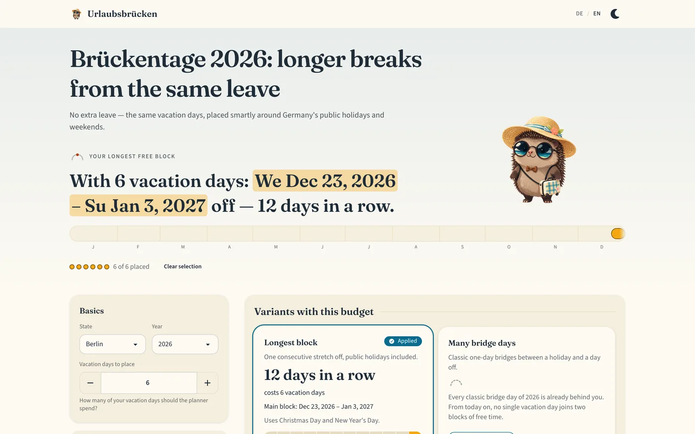 Urlaubsbrücken homepage: the heading “Brückentage 2026: Urlaub clever legen” above a sentence reading that six vacation days buy 23 December to 3 January off — twelve days in a row. Below it a settings card with federal state, year and number of vacation days, next to cards comparing a single long block against a plan with many bridge days. A hedgehog in a straw hat and sunglasses stands at the right.