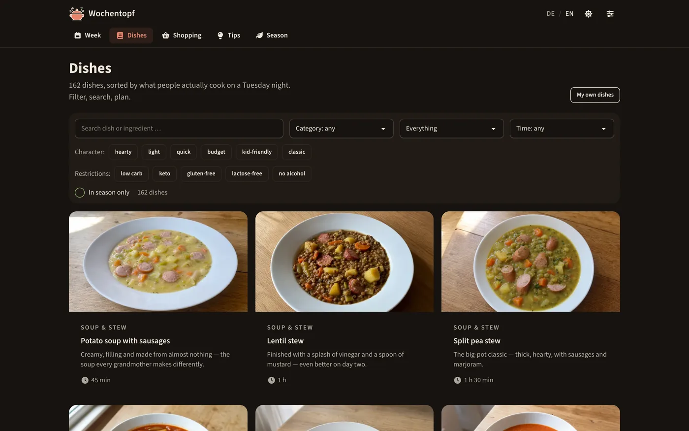 Wochentopf dish catalogue: the heading “Dishes”, a search field with filters for category, diet and time, chips for character (hearty, light, quick, budget, kid-friendly, classic) and restrictions (low carb, keto, gluten-free, lactose-free, no alcohol), and a grid of dish cards with photos — potato soup with sausages, lentil stew and split pea stew, each with a one-line description and the cooking time.